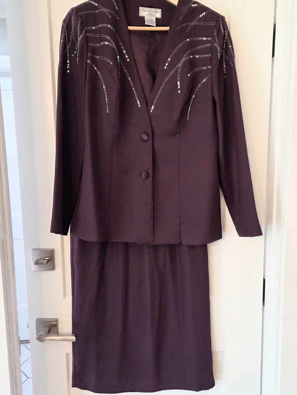 Vintage 90s Plum Skirt Suit Beaded Blazer Mob Wife Office Core Minimalist Glam